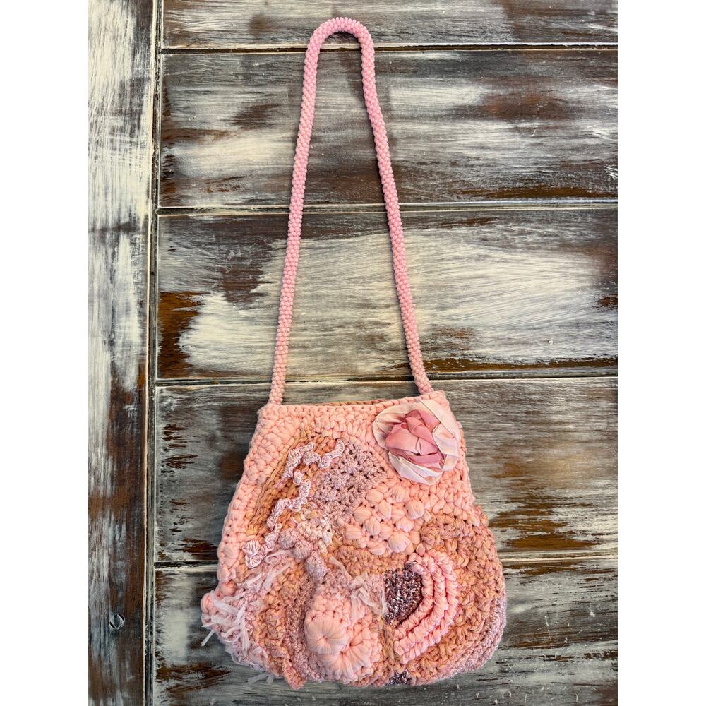 Crochet Pink Shoulder Bag Textured Mixed Media 3D Floral Unique